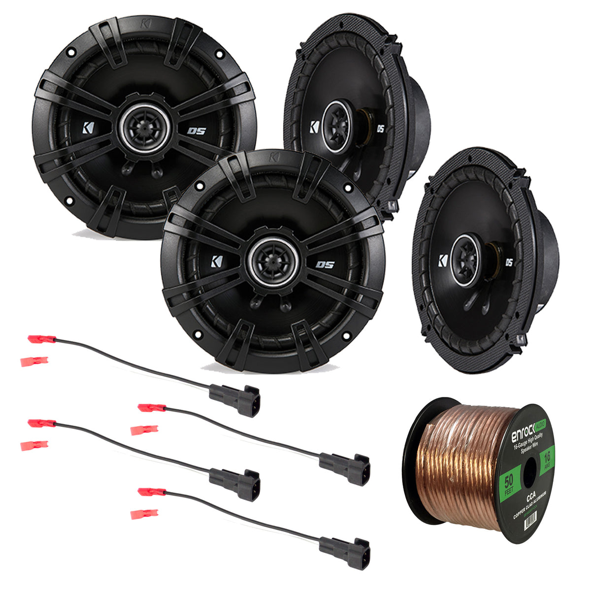 4x 6.5" 240 Watt 2-Way Coaxial Speakers, Speaker Harness, 16 Gauge 50 Foot Speaker Wire V8849
