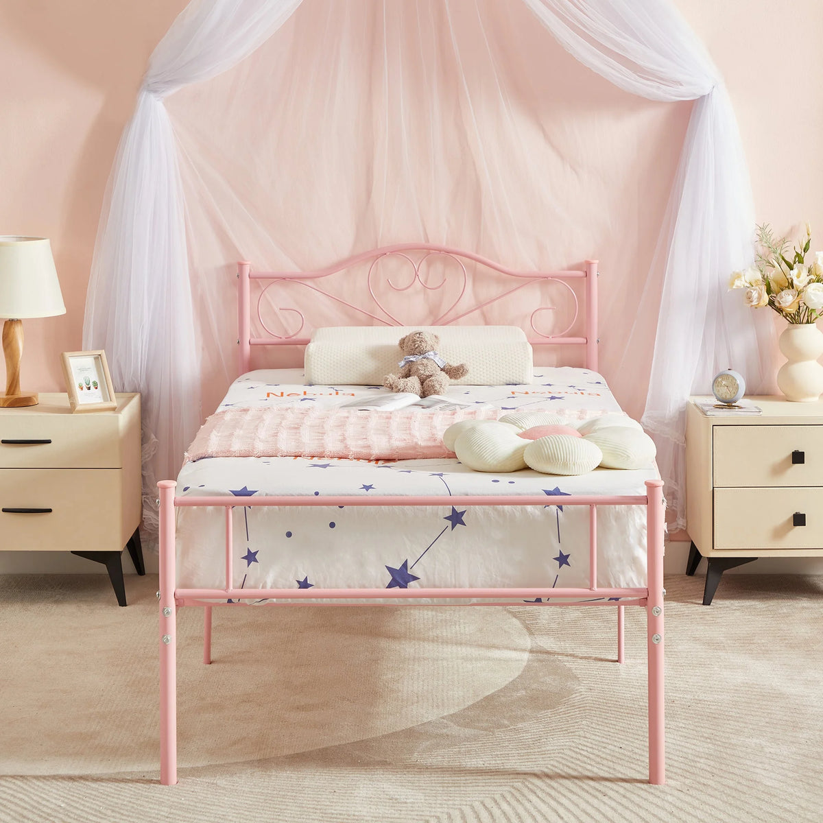 Set of 2 Twin Size White Metal Platform Bed Frame with Headboard M199