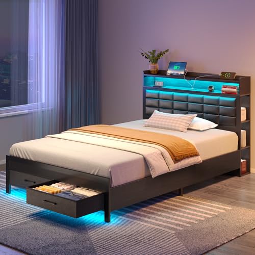 Black Full Size Upholstered Platform Bed Frame with Storage Headboard and 2 Drawers P67277