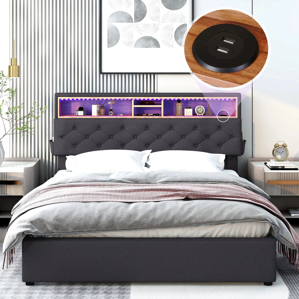 Queen Size Upholstered Platform Bed with Storage Headboard and 2 Drawers B370218