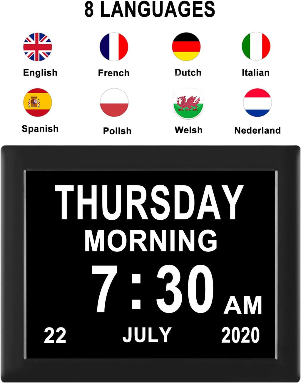 8 Inch Digital Calendar Day Clock with 12 Alarm Options G245148
