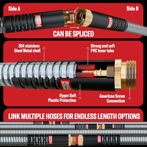 100 ft Stainless Steel Garden Hose Set with Spray Nozzle & Hook T8238