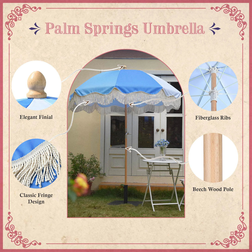 6Ft Fringe Patio Umbrella with Tassels & Carry Bag Wood Blue N9591