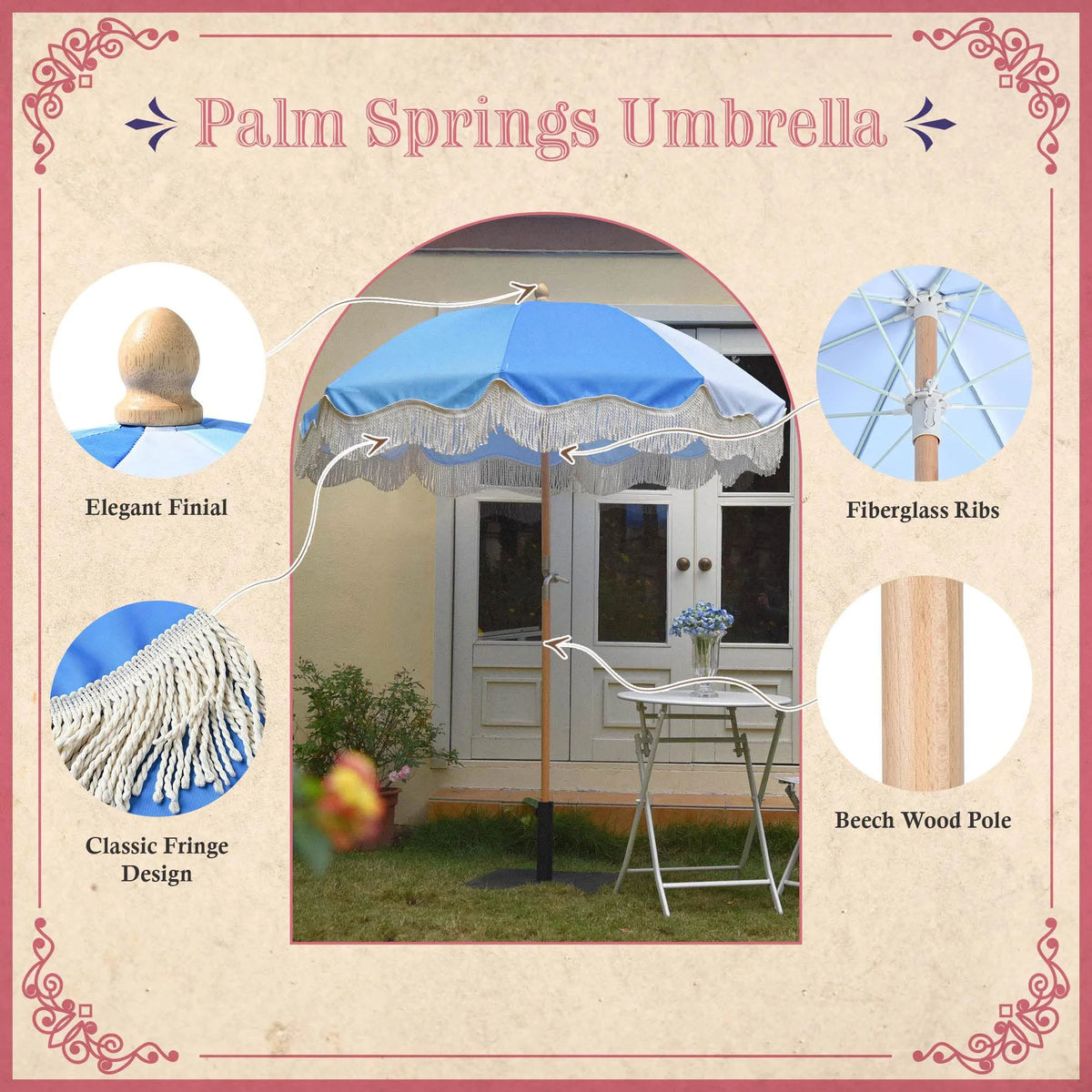 6Ft Fringe Patio Umbrella with Tassels & Carry Bag Wood Blue N9591