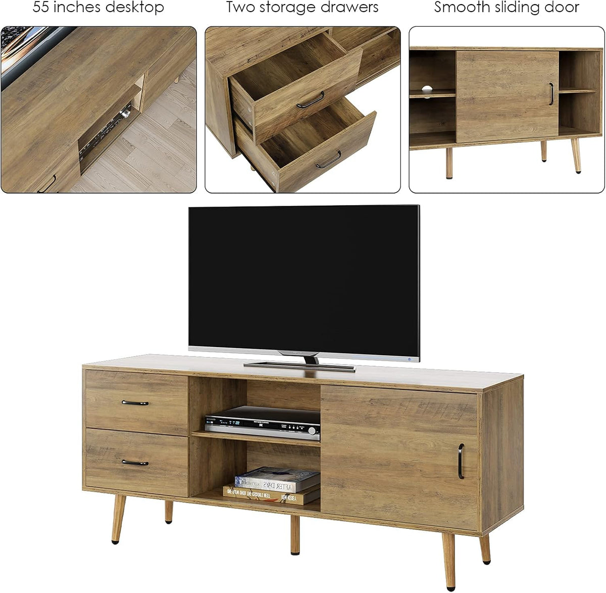 Mid Century Modern Wood TV Stand with Sliding Door W3597