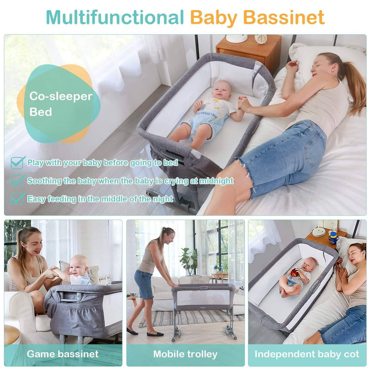 3-in-1 Baby Bassinet & Bedside Sleeper with Cradle Mode W2509