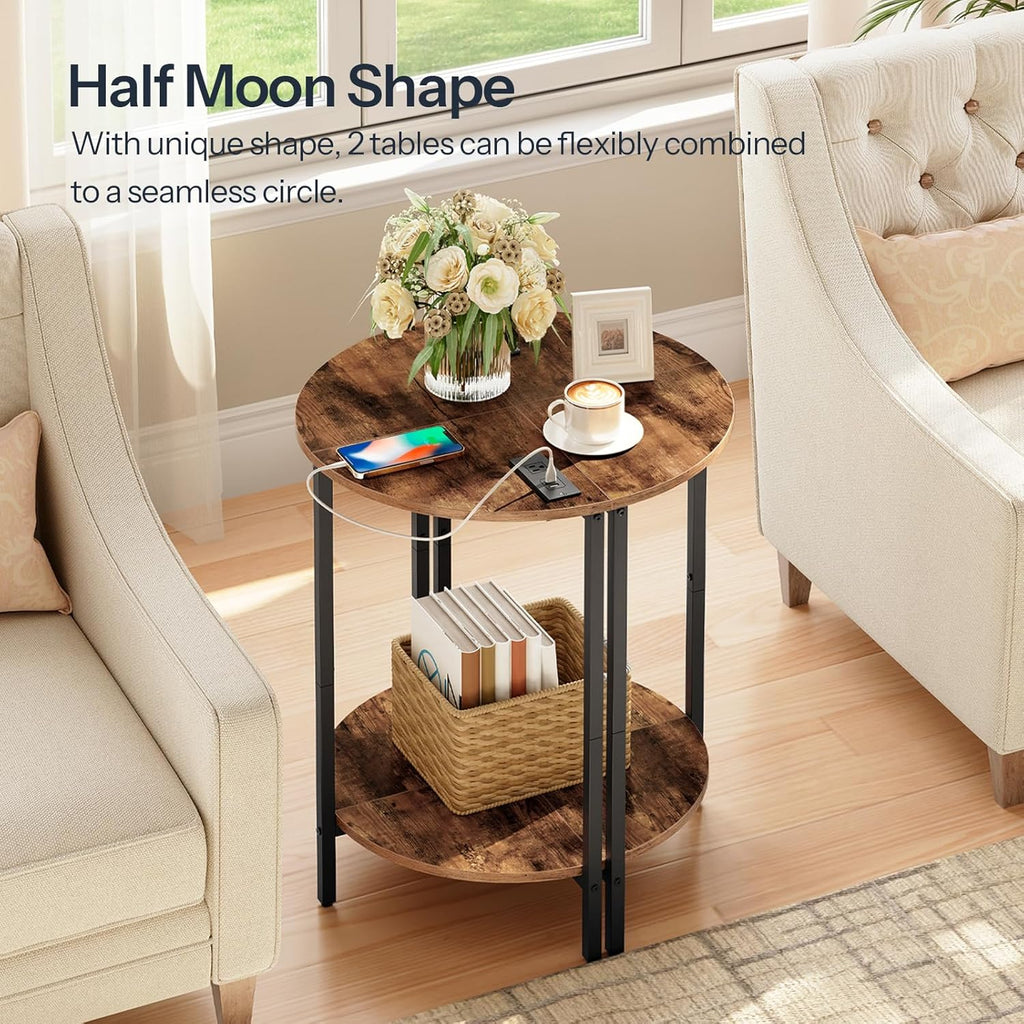 Rustic Brown and Black Half Moon Table with Charging Station Q263