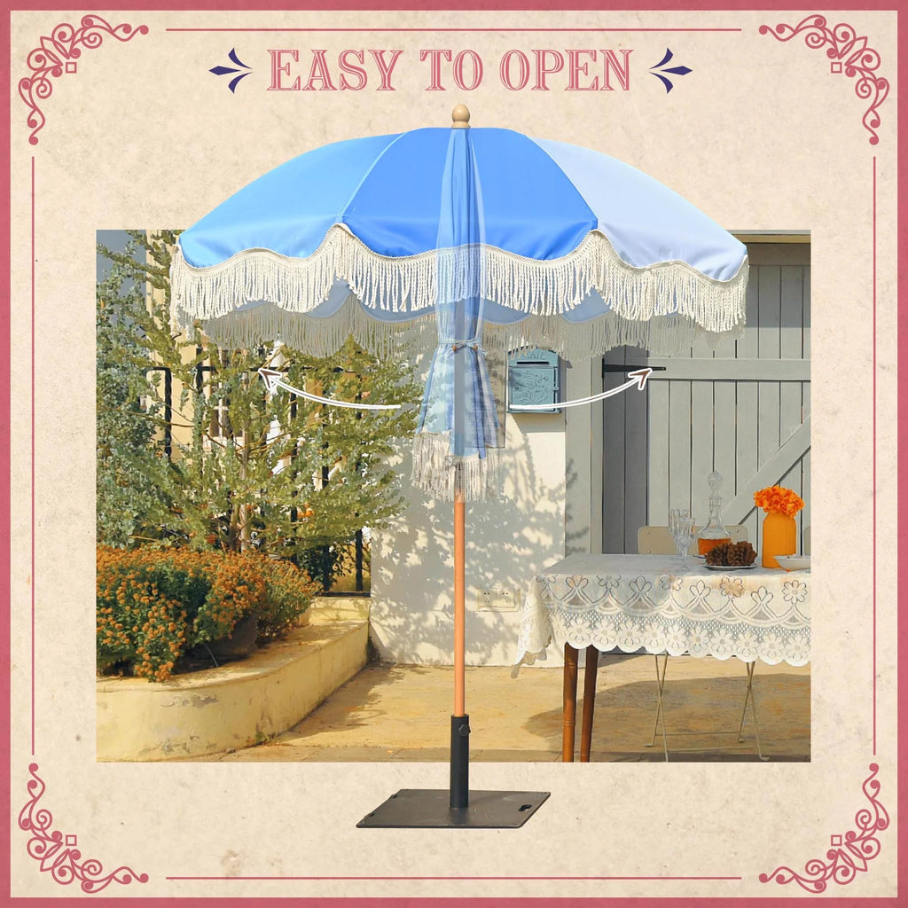 6Ft Fringe Patio Umbrella with Tassels & Carry Bag Wood Blue N9591