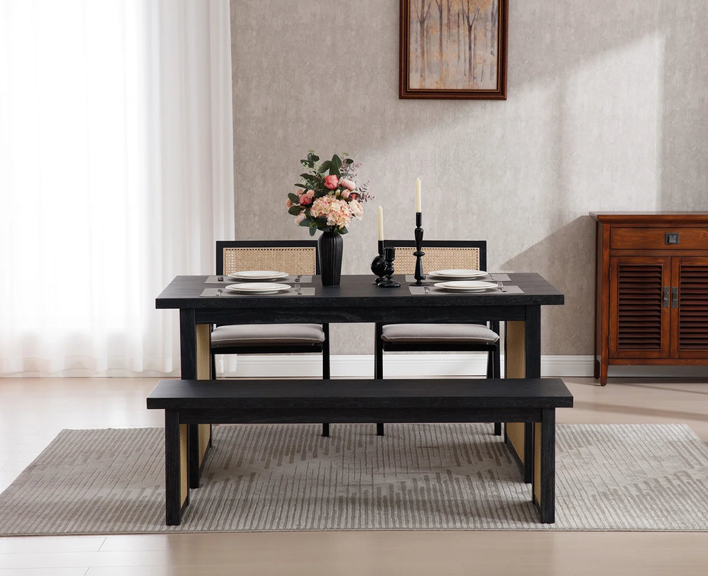 63" Solid Wood Rectangular Dining Table with Rattan Legs E306026