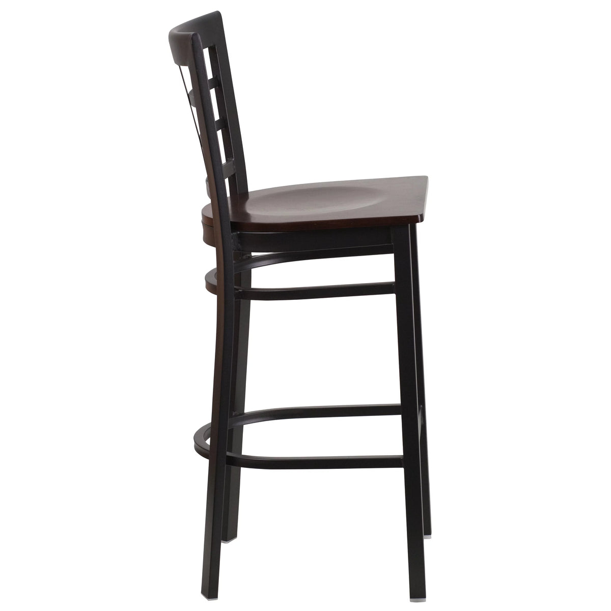 Black Window Back Metal Restaurant Barstool with Walnut Wood Seat T1107