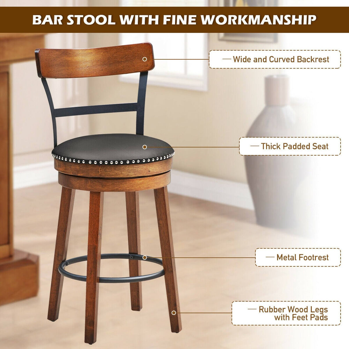 Set of 2 Swivel Counter Height Dining Chair with Rubber Wood Legs, Brown L4690