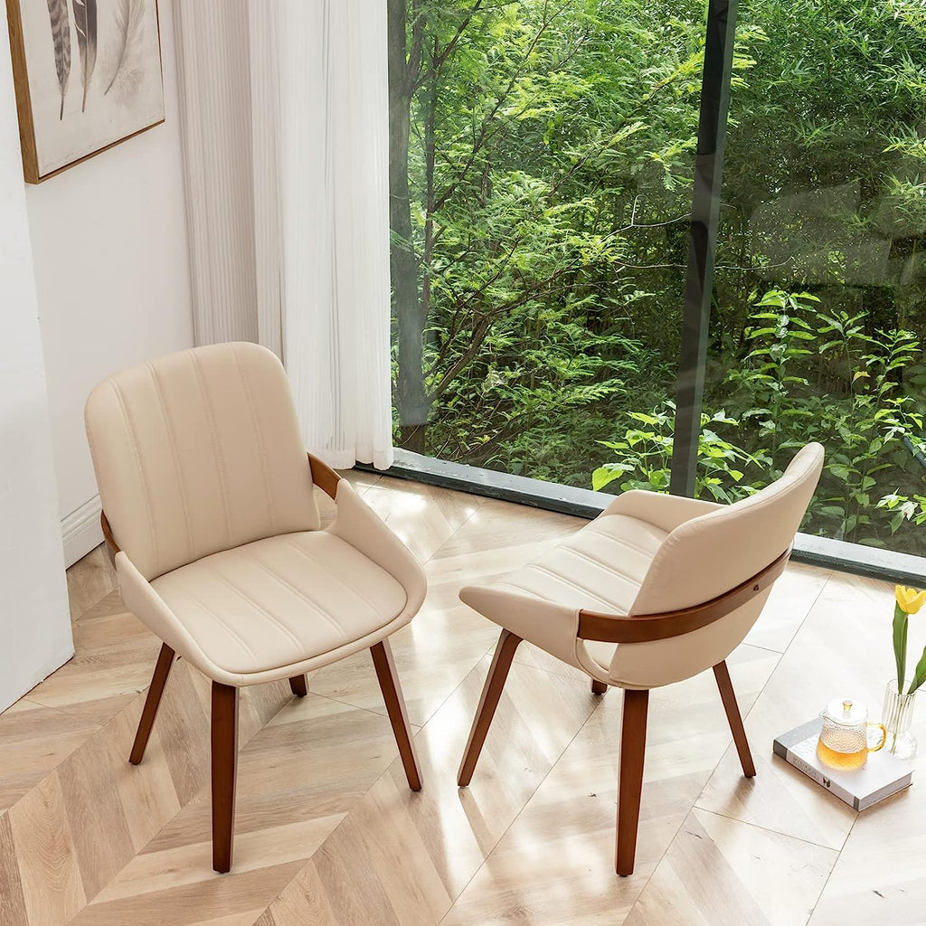 Beige Faux Leather Upholstered Dining Chairs Set of 2 with Natural Wood Legs V960609