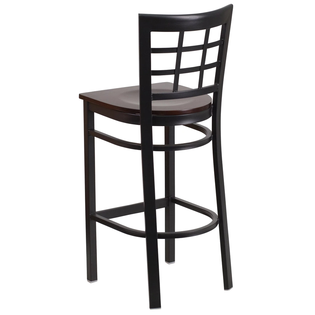 Black Window Back Metal Restaurant Barstool with Walnut Wood Seat T1107