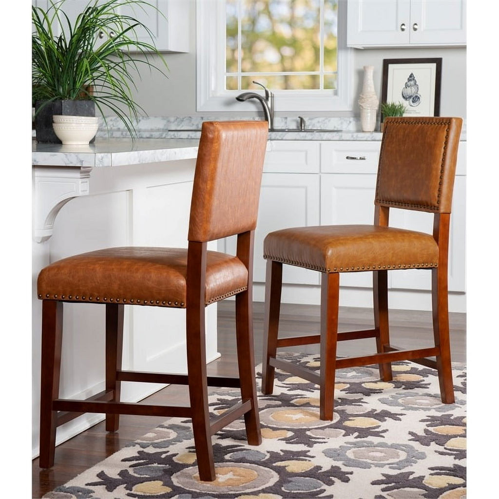 24" Faux Leather Wood Counter Stool in Dark Caramel/Walnut W125484