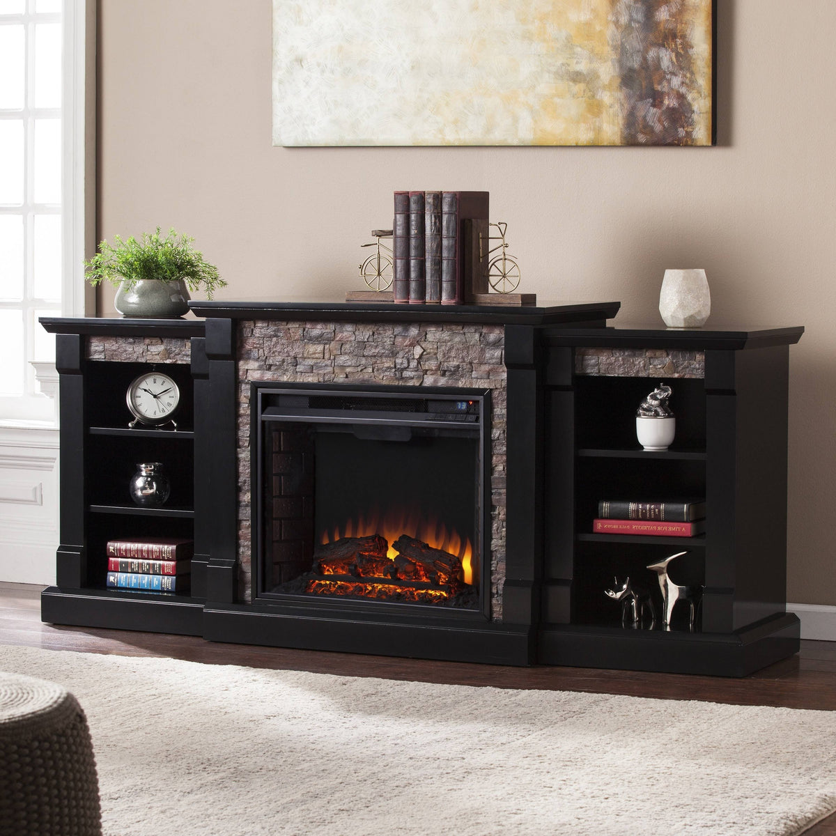 Black Faux Stone Electric Fireplace with Bookcases N72108