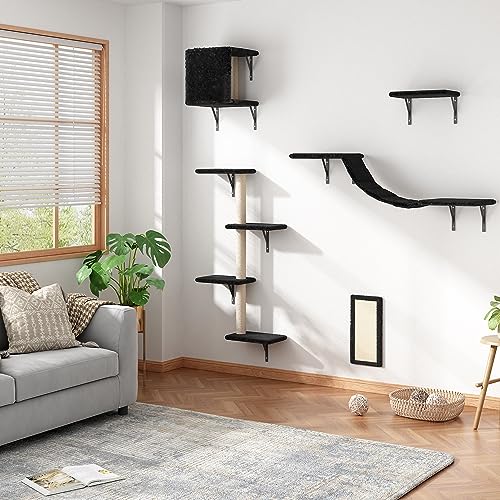 Beige 5 Pcs Wall-Mounted Cat Climber Set with Cat Shelves, Ladder, Cat Condo House, Scratching Board and Cat Tree R637739