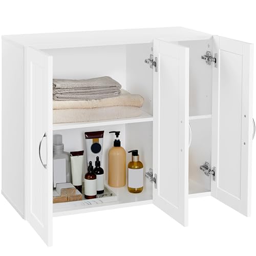 White Bathroom Wall Cabinet with Three Doors and Adjustable Shelf E662869