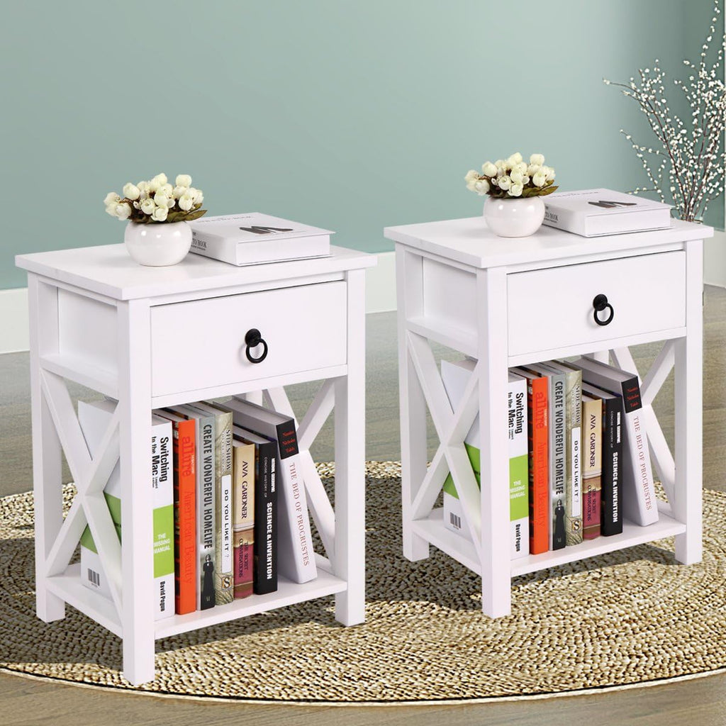 White 2 X-Design Nightstand with Drawer and Shelf I37040