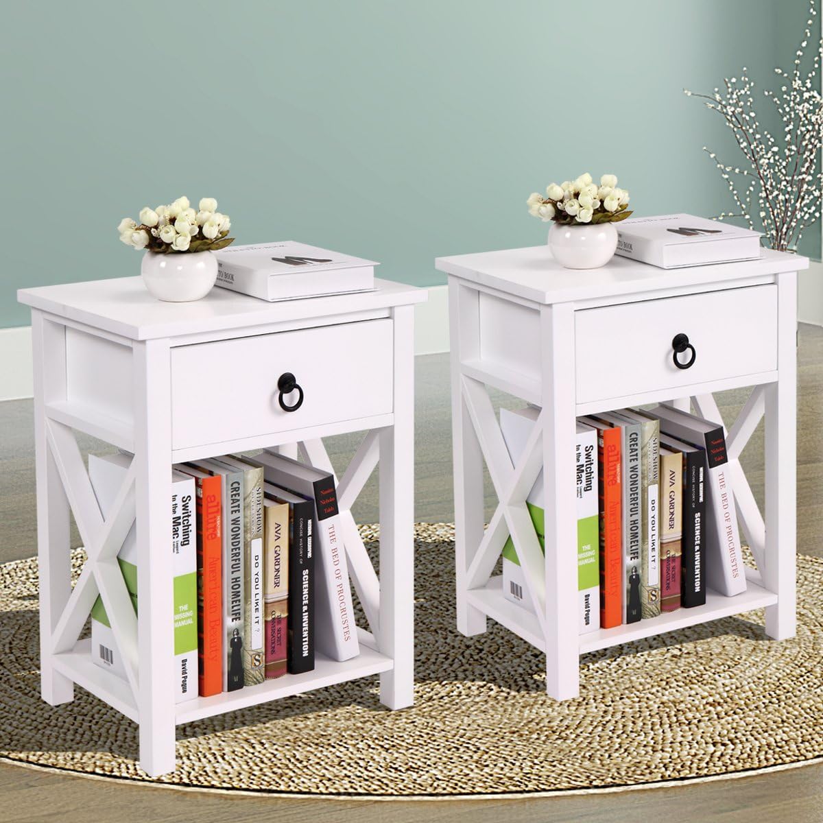 White 2 X-Design Nightstand with Drawer and Shelf I37040