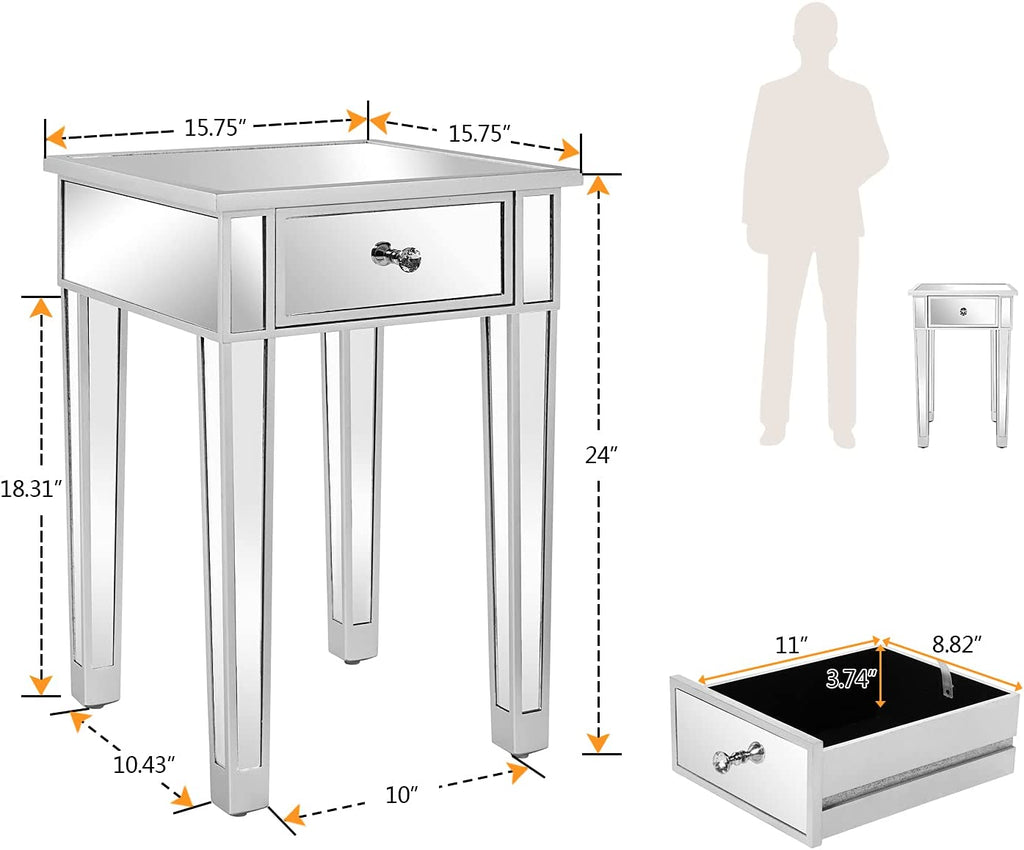 Mirrored End Table with Drawer Silver 15.7" L x 15.7" W x 24" H K8032
