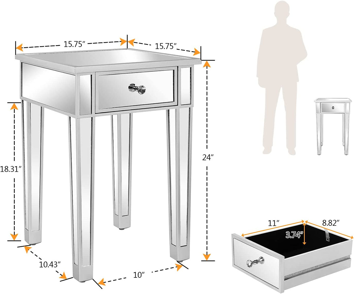Mirrored End Table with Drawer Silver 15.7" L x 15.7" W x 24" H K8032