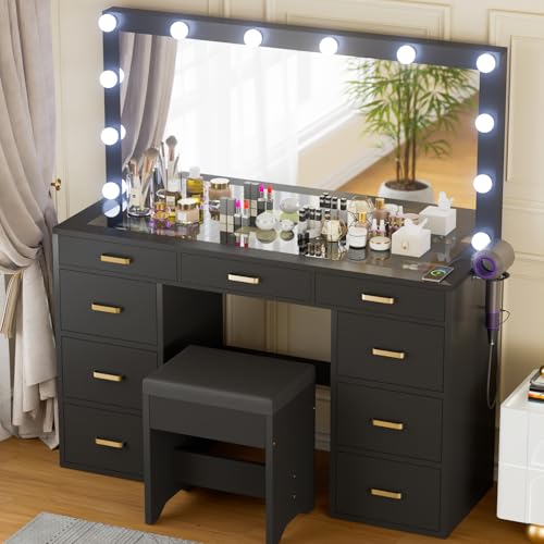 White Vanity Desk Set with Mirror and Lights, Glass Top, 9 Drawers, Power Outlet, Chair Y1688