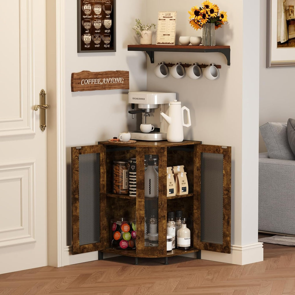 3-Tier Rustic Wood Coffee Bar Cabinet with Storage Shelf F367