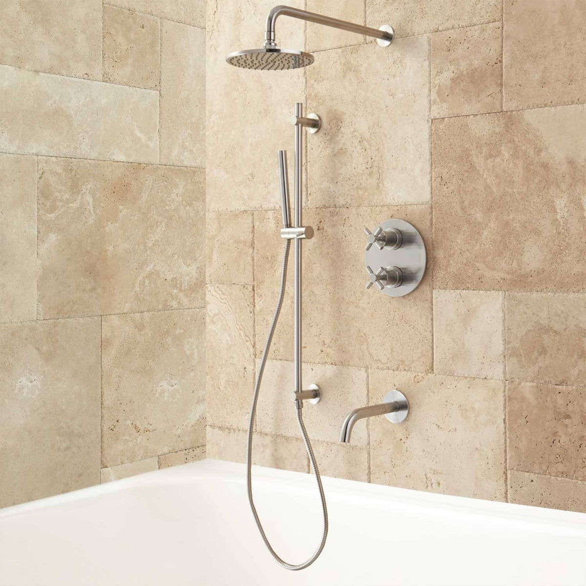 Brushed Nickel Thermostatic Tub and Shower System C477