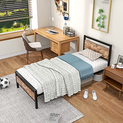 Queen Size Metal Platform Bed Frame with Wooden Headboard and Footboard, Black B382936