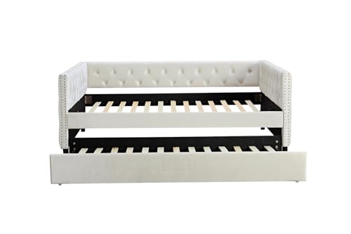 Beige Velvet Twin Size Daybed with Trundle J61115