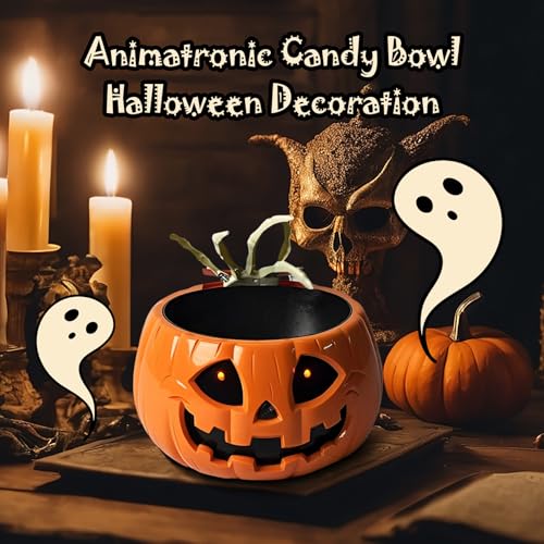 Halloween Candy Bowl with Moving Skull Hand and Glowing Red Eyes V95625