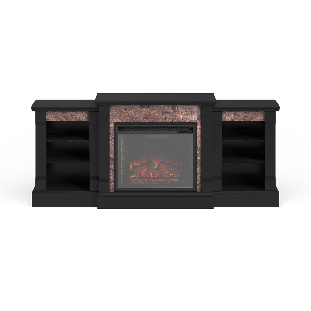 Black Faux Stone Electric Fireplace with Bookcases N72108