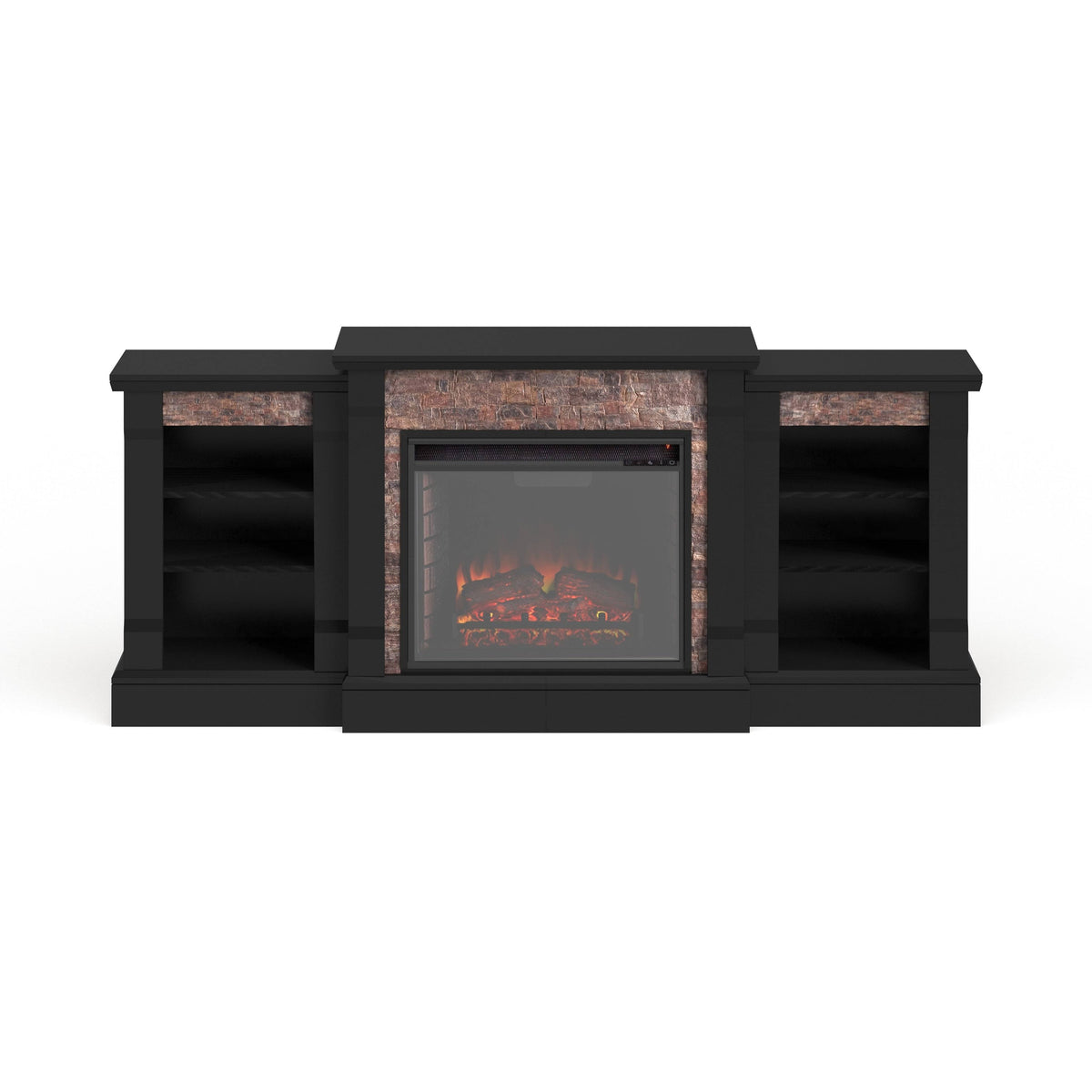 Black Faux Stone Electric Fireplace with Bookcases N72108