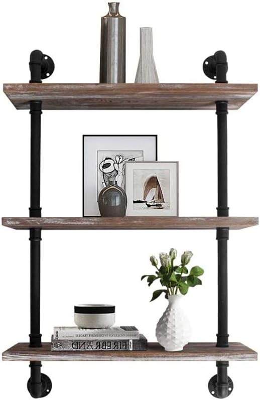 Industrial Pipe Bookcase Shelf Retro Floating Wood Shelving, Weatherd Brown Z26169