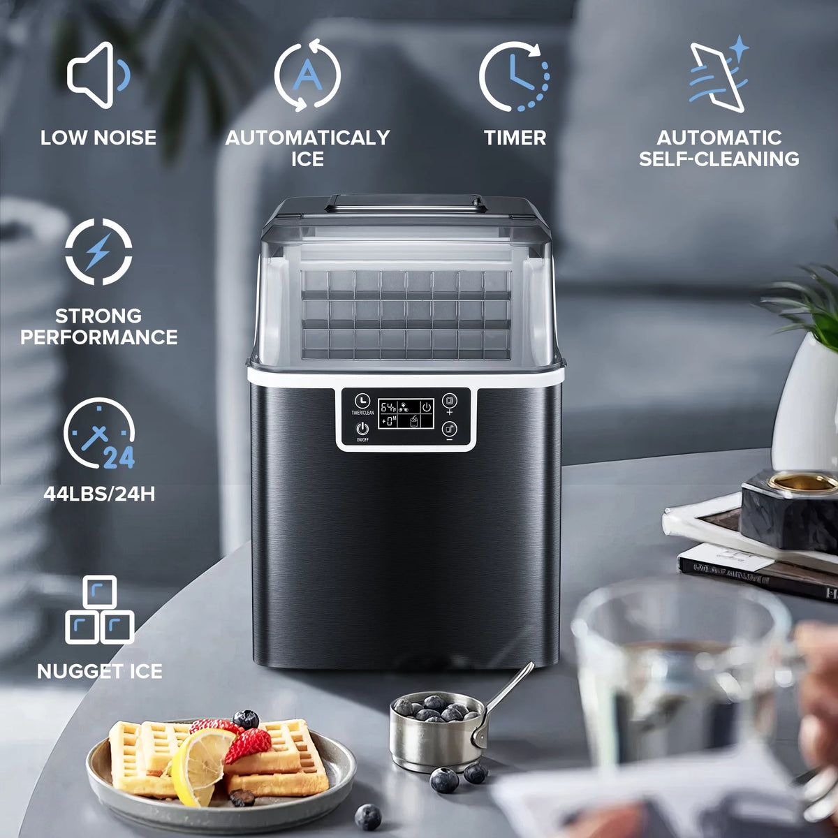 44Lbs/24H Self-Cleaning Countertop Ice Maker with Ice Scoop & Basket L3365