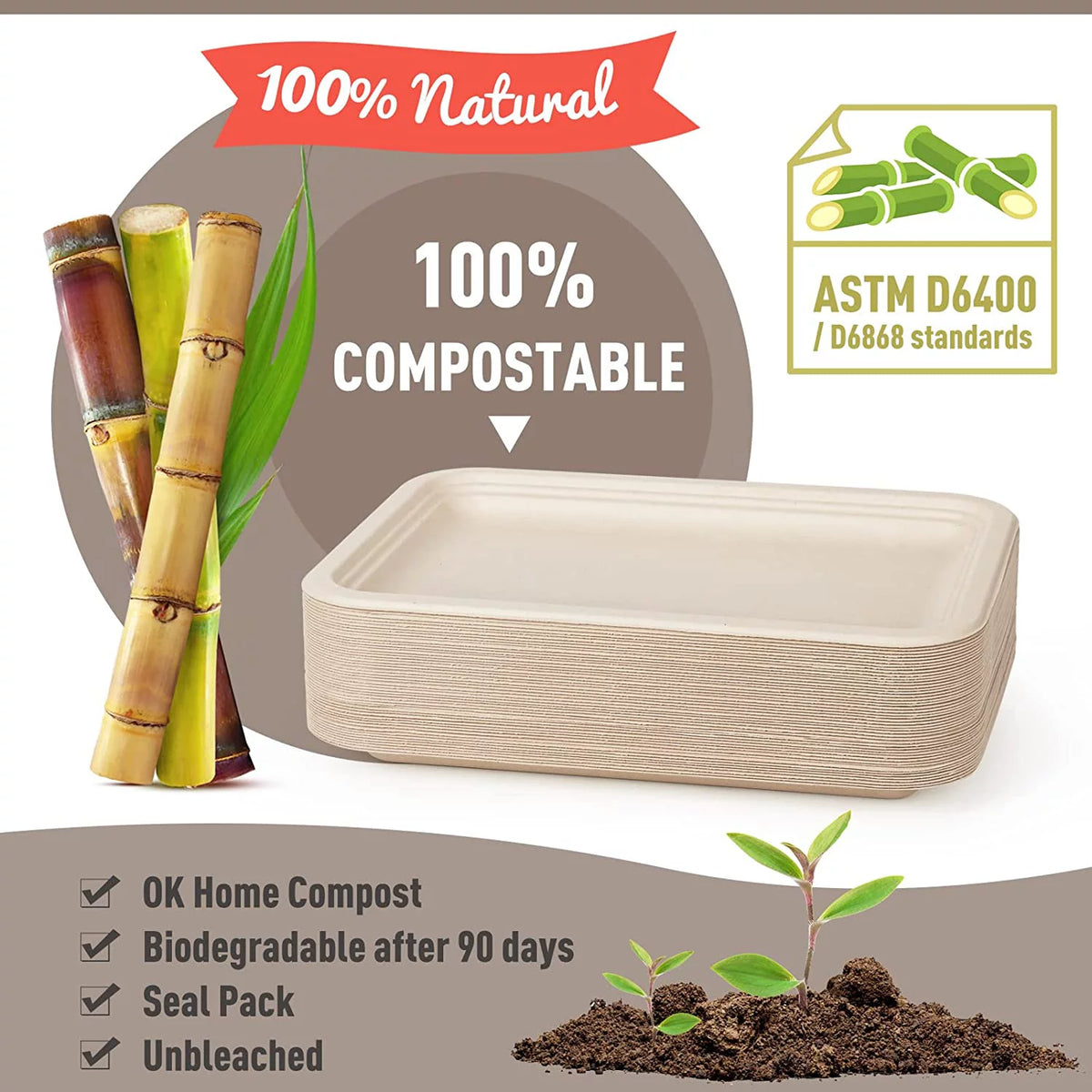 50 Pack 14-inch Compostable Sugarcane Food Trays Z680