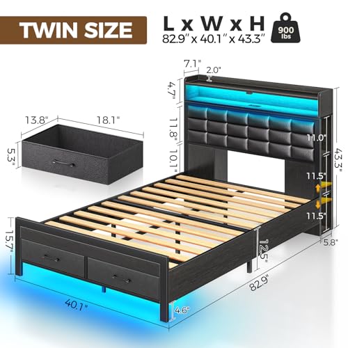 Black Full Size Upholstered Platform Bed Frame with Storage Headboard and 2 Drawers P67277