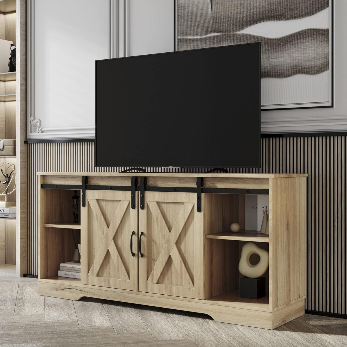 Espresso TV Stand with Sliding Barn Door Entertainment Center V34976