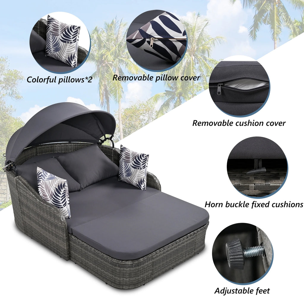 PE Rattan Double Lounge Daybed with Canopy and Cushions V2088