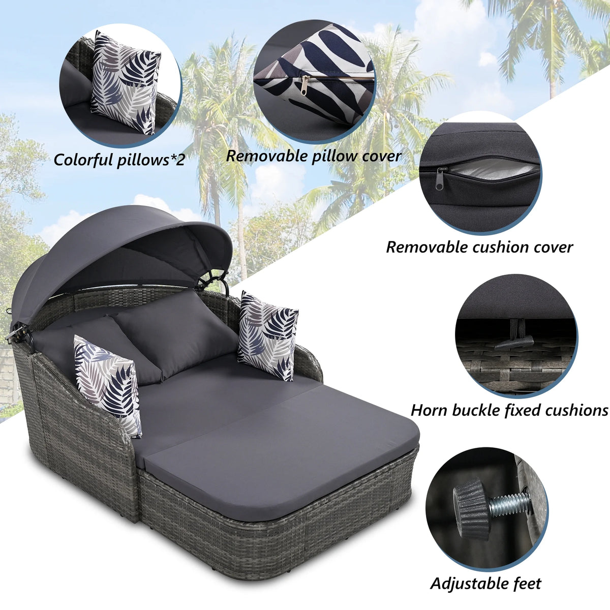 PE Rattan Double Lounge Daybed with Canopy and Cushions V2088