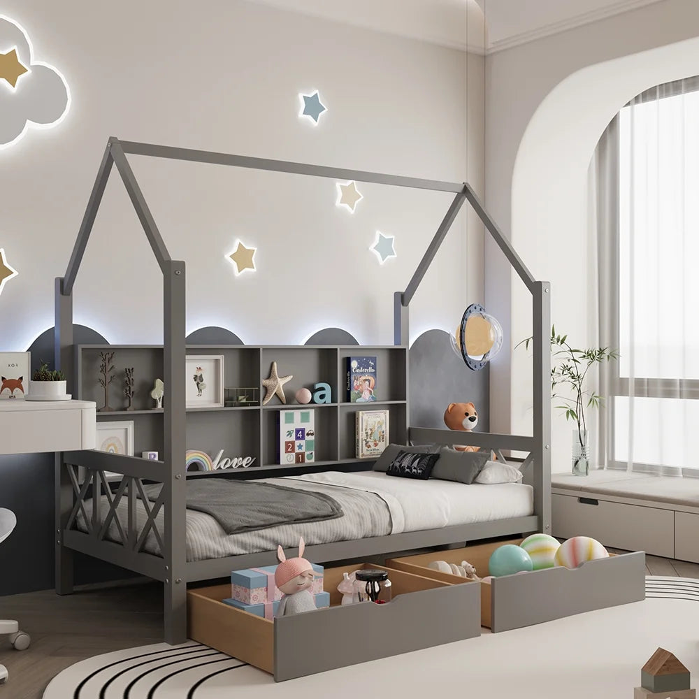 Twin House Bed with Trundle and Storage Shelve E347241