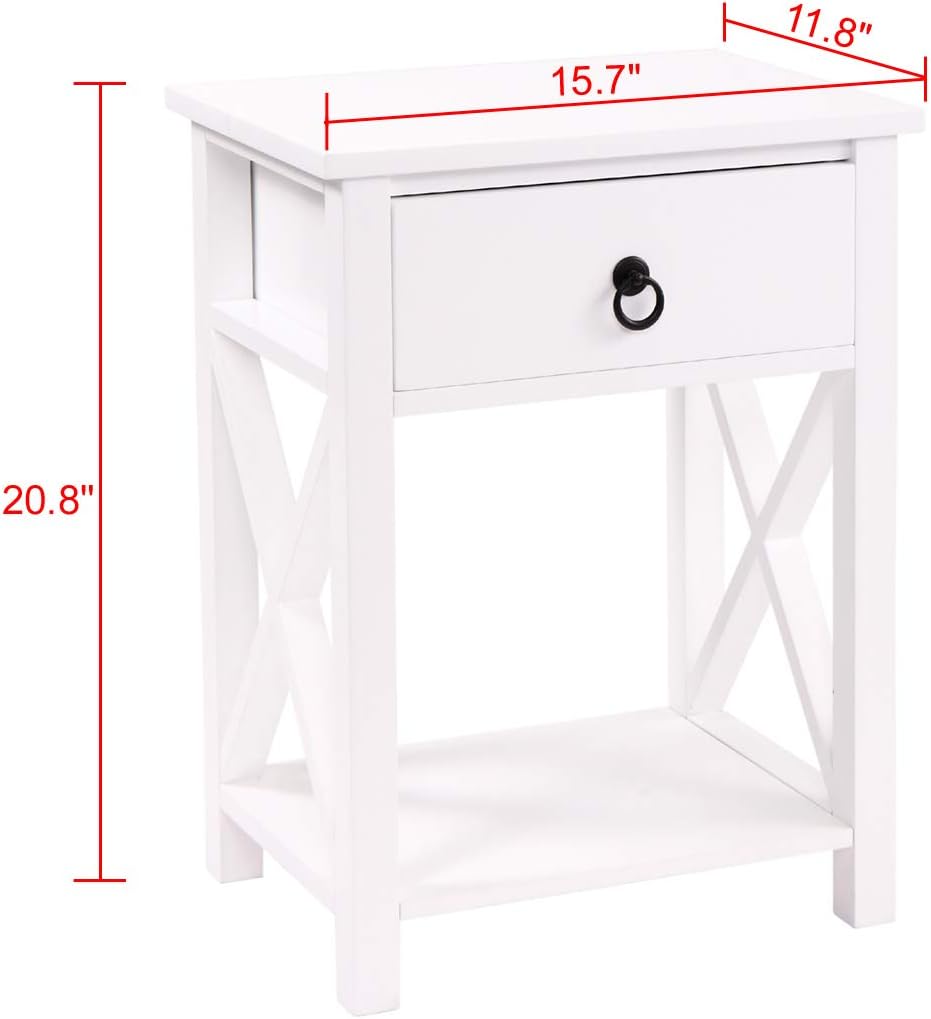 White 2 X-Design Nightstand with Drawer and Shelf I37040