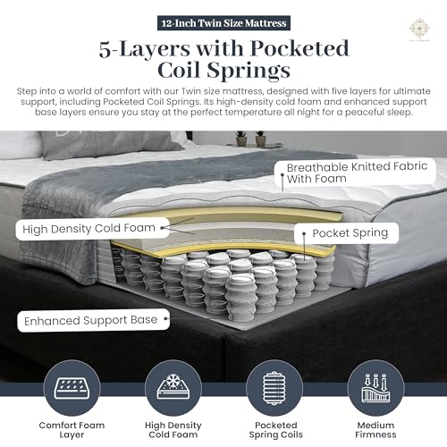 12 Inch Hybrid Twin Mattress with Pocketed Coil Spring and Cold Foam O58797