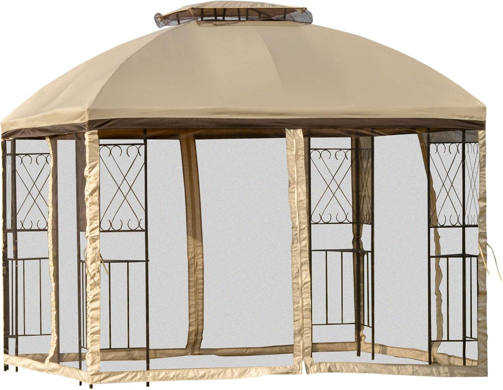 10' x 10' Beige Outdoor Patio Gazebo Canopy with Mesh Netting W5439