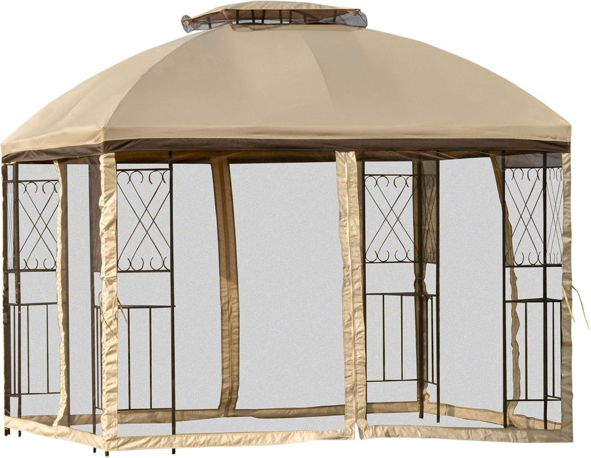 10' x 10' Beige Outdoor Patio Gazebo Canopy with Mesh Netting W5439