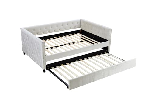 Beige Velvet Twin Size Daybed with Trundle J61115