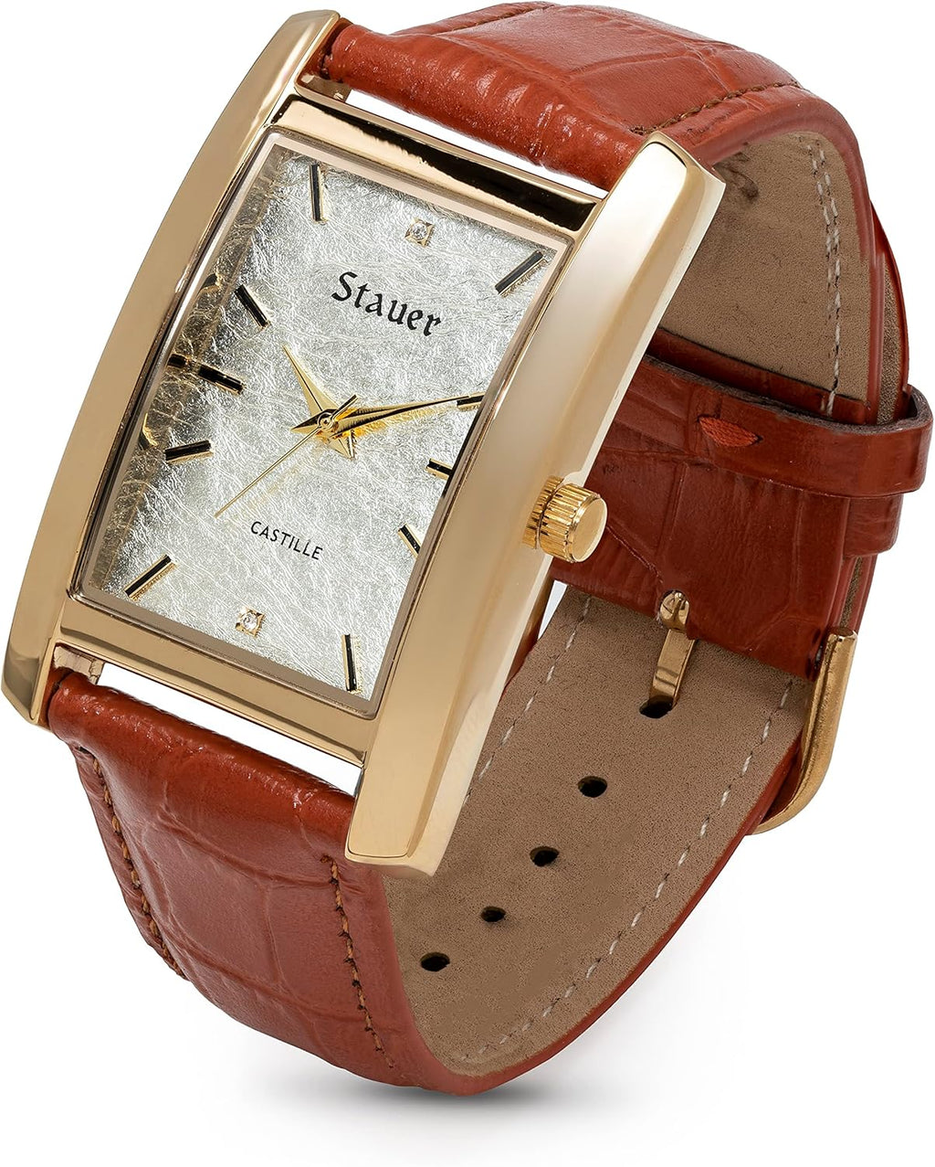 Gold-Finished Analog Watch with Stainless Steel Case, White Gold Dial & Genuine Leather D469534