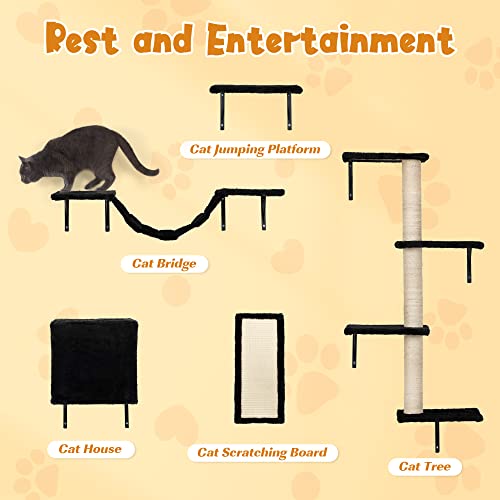 Beige 5 Pcs Wall-Mounted Cat Climber Set with Cat Shelves, Ladder, Cat Condo House, Scratching Board and Cat Tree R637739