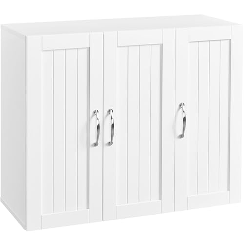 White Bathroom Wall Cabinet with Three Doors and Adjustable Shelf E662869