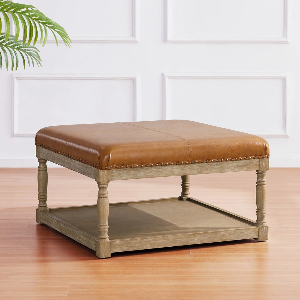 Large Square Ottoman Coffee Table with Storage Shelf (Brown) F926